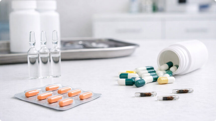 на столе таблетки, ампулы, подкожные импланты